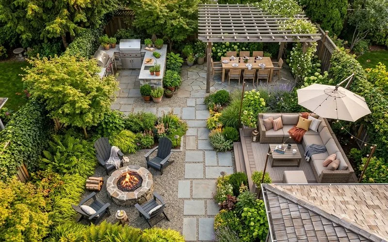 Overhead diagram of a backyard divided into outdoor living zones showing dining, lounging, cooking, and fire feature areas connected by circulation paths