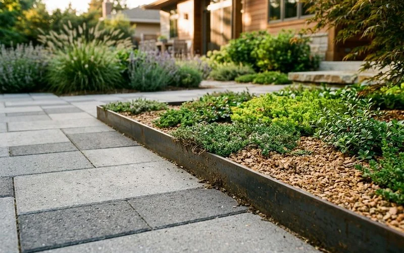 Steel edge restraint separating a concrete paver walkway from a decomposed granite garden bed with groundcover plantings