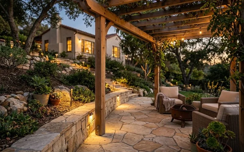 Terraced hillside backyard in Pasadena with natural stone paver patio, pergola shade structure, and low-voltage pathway lighting at twilight