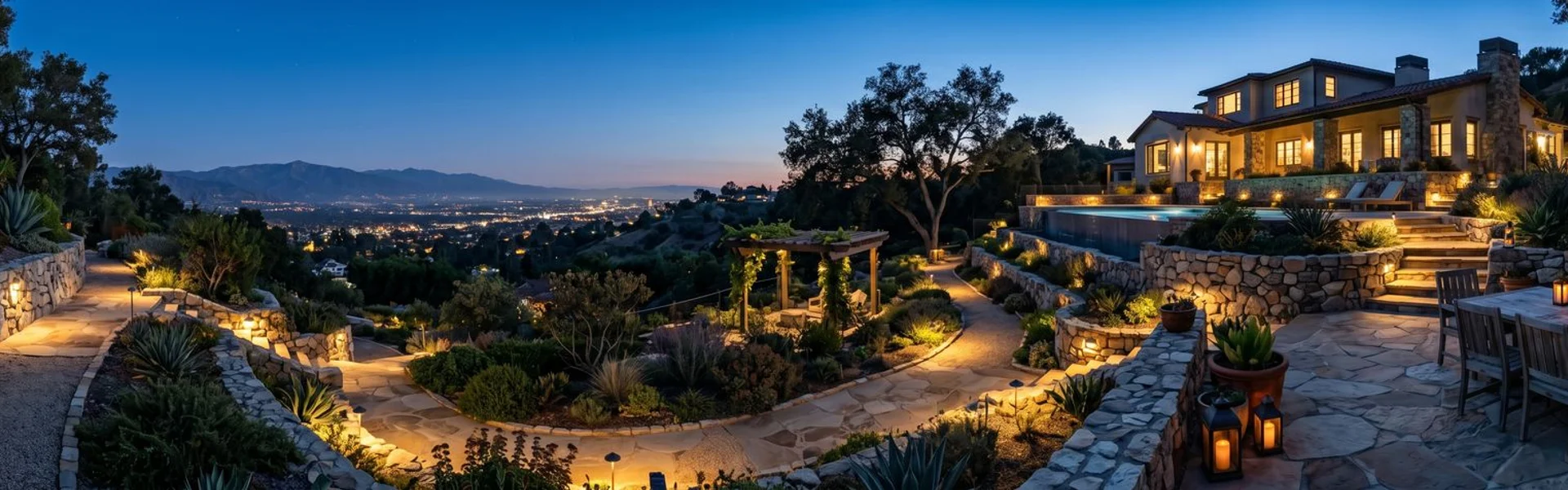 Pasadena hillside landscape with terraced retaining walls and native California planting