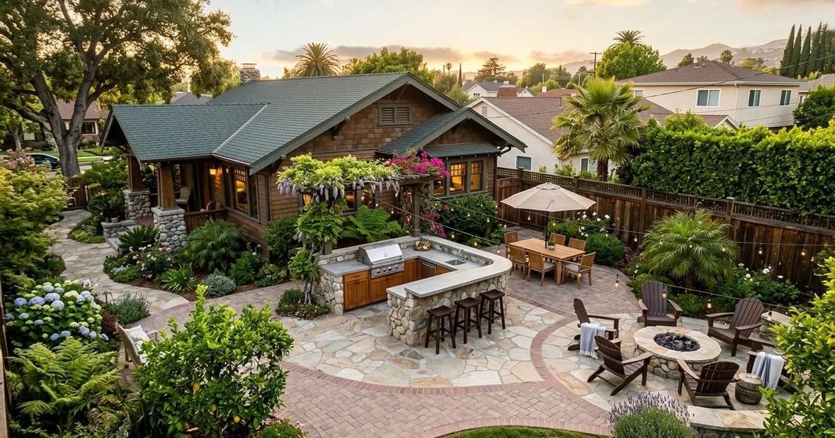 Aerial view of a Craftsman bungalow backyard in Pasadena showing zoned paver patio, outdoor kitchen, and fire pit as connected outdoor living spaces