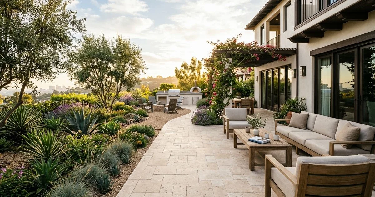 Clean Los Angeles backyard paver patio surrounded by drought-tolerant landscaping