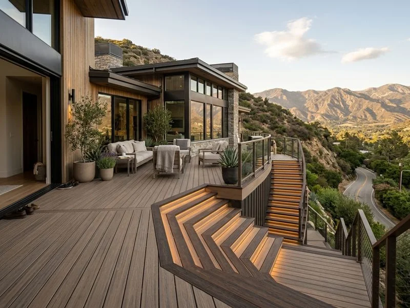 Composite Trex deck wrapping a hillside home in La Cañada Flintridge