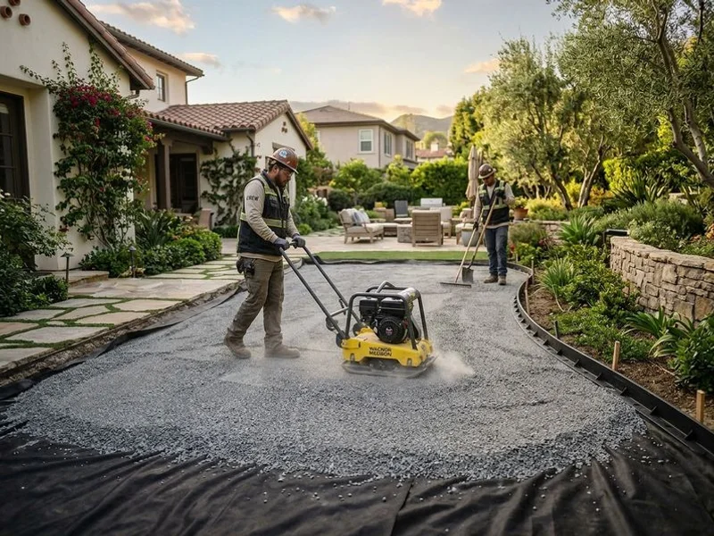 Crew compacting Class II sub-base for synthetic turf installation in Burbank