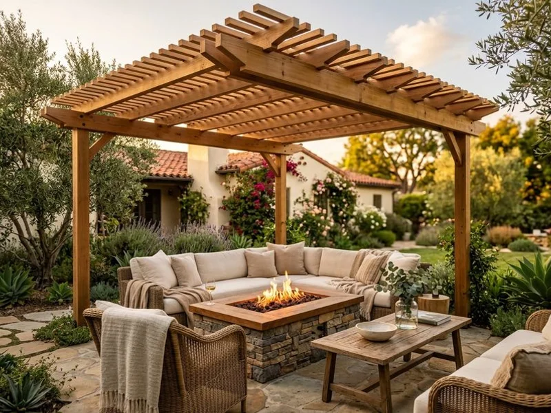 Ridgeline Outdoor Living free-standing cedar pergola with lounge seating in San Marino
