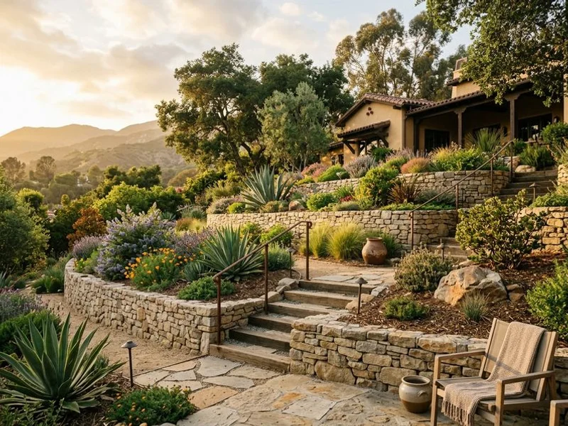 Hillside drought-tolerant landscape with terracing and drip irrigation in La Cañada Flintridge