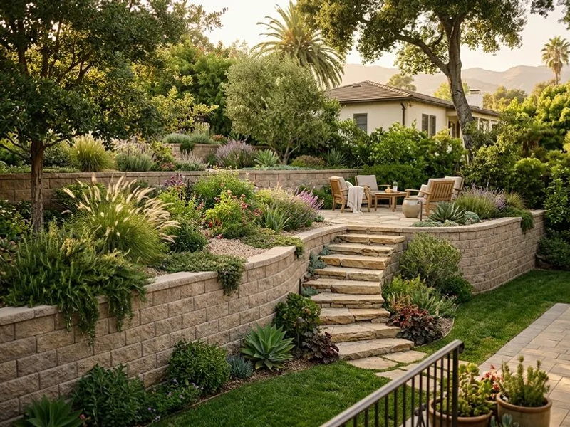 Segmental retaining wall terracing a sloped residential yard in Glendale
