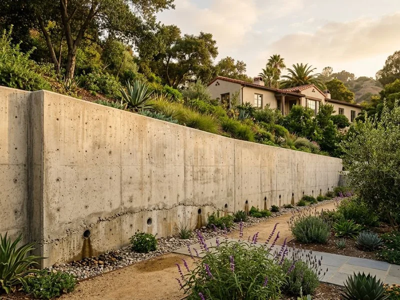 Ridgeline Outdoor Living poured-concrete retaining wall with drainage weep holes on a Pasadena hillside