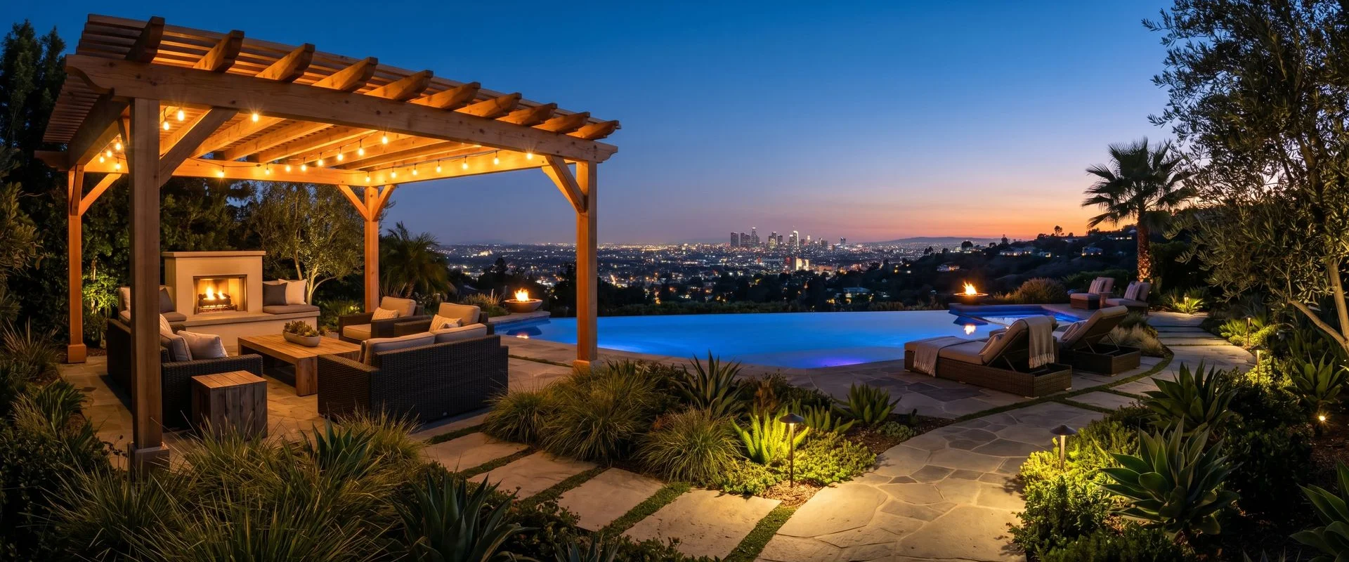 La Cañada Flintridge landscaping project at twilight by Ridgeline Outdoor Living