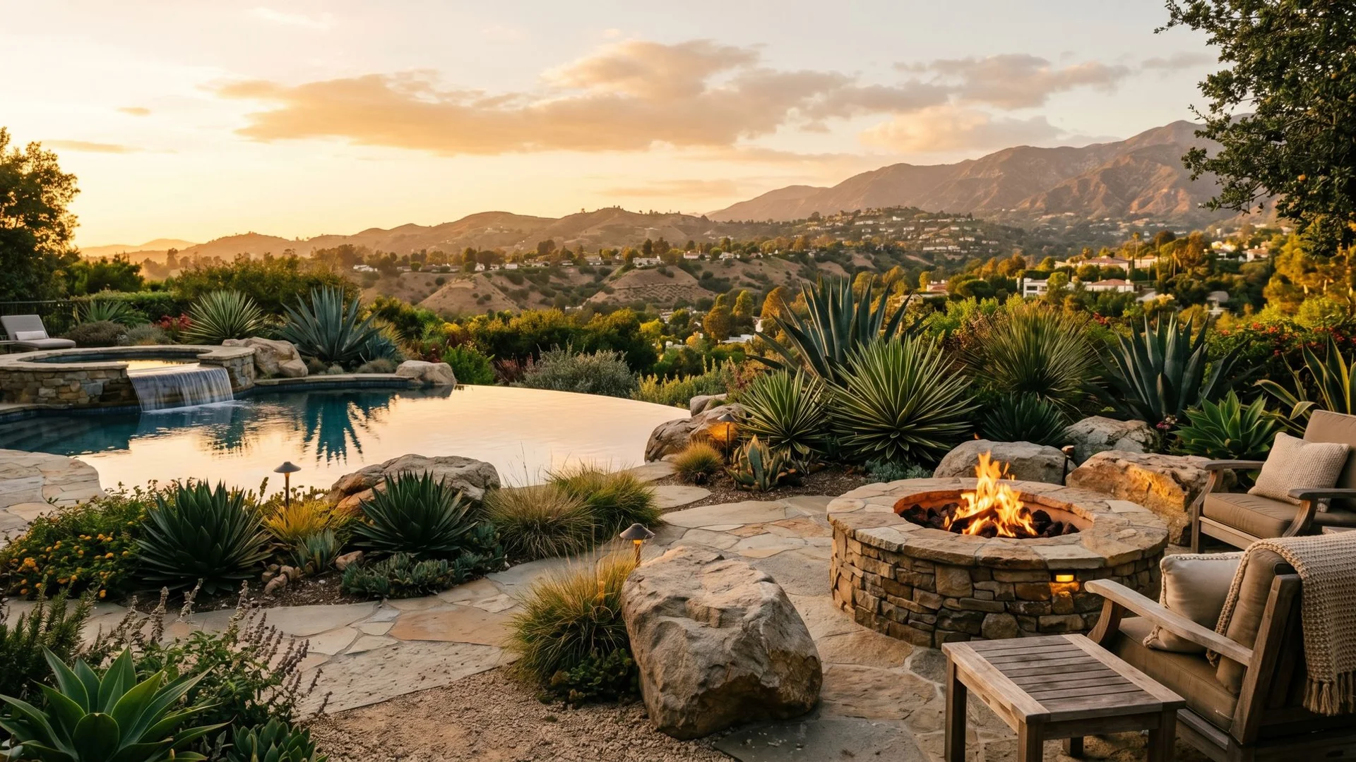 Ridgeline Outdoor Living luxury Pasadena backyard with stone fire pit, pool, and drought-tolerant planting