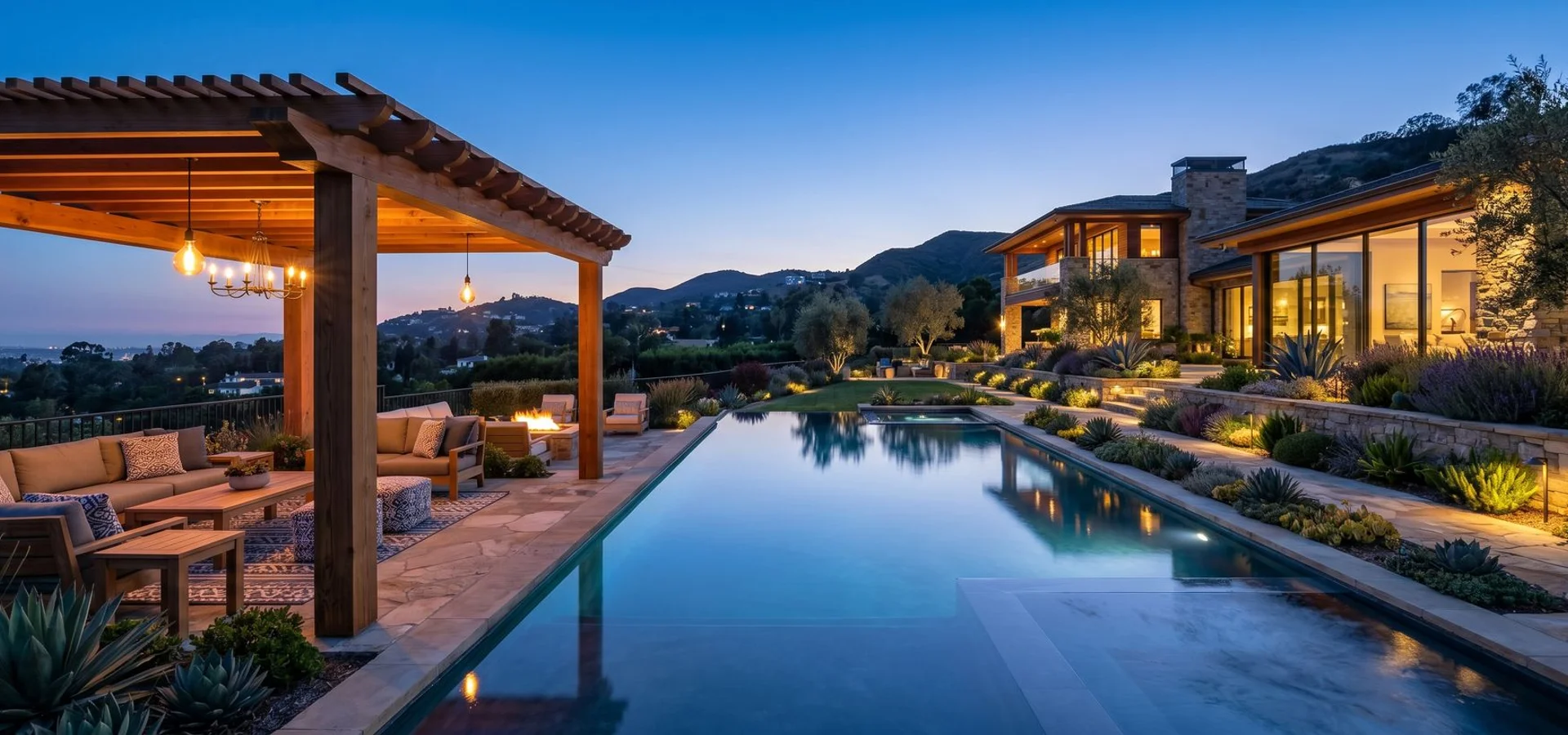 Beverly Hills luxury backyard with custom outdoor lighting and paver patio at twilight